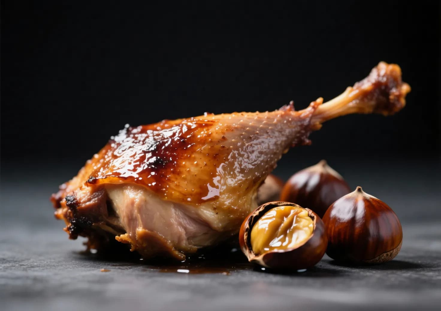 Cuisse de pintade rôtie aux marrons caramélisés, vue rapprochée