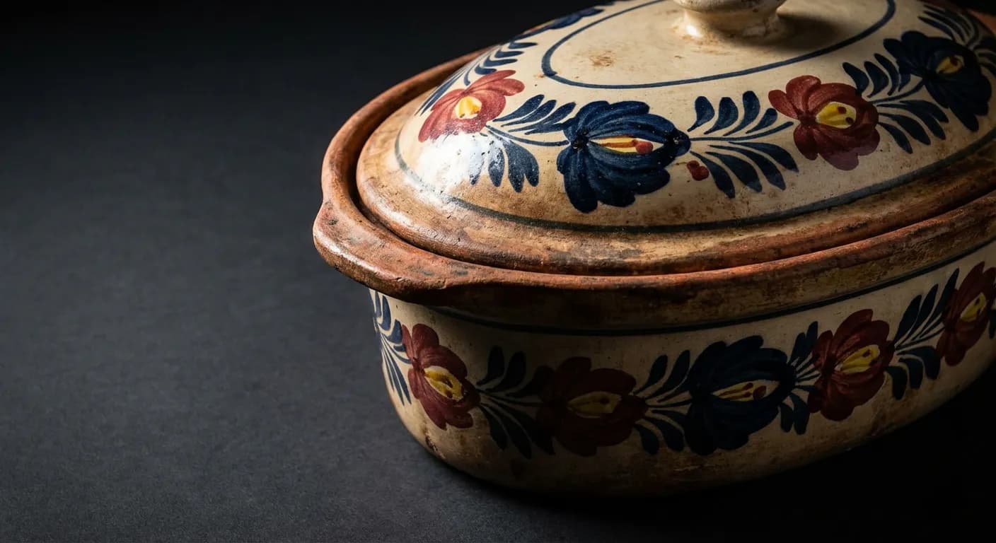 Plat à baeckeoffe en terre cuite avec motifs floraux typiques sur fond sombre