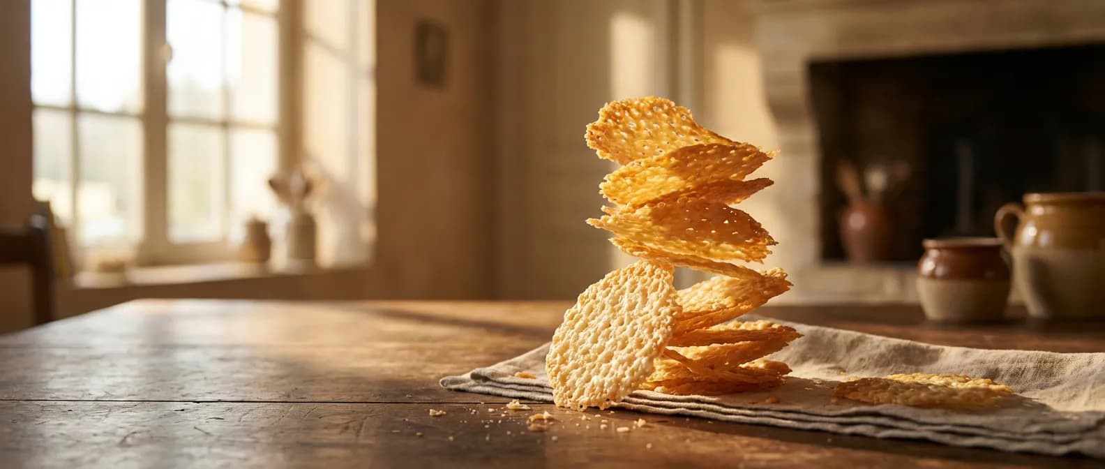 Photographie éditoriale de tuiles au parmesan dorées et dentelées sur un support en bois rustique