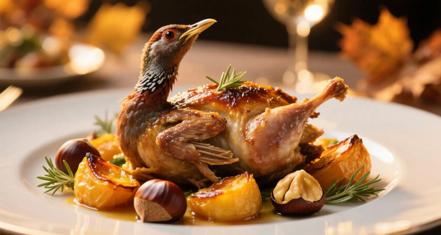 Pintade rôtie aux marrons et légumes d'automne, présentée dans un plat élégant