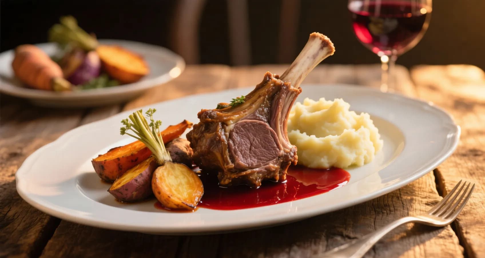 Souris d'agneau mijotée avec accompagnements de légumes racines et purée crémeuse