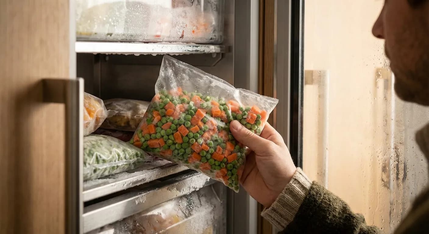 Une main inspectant un sachet de légumes surgelés pour vérifier la présence de cristaux de glace