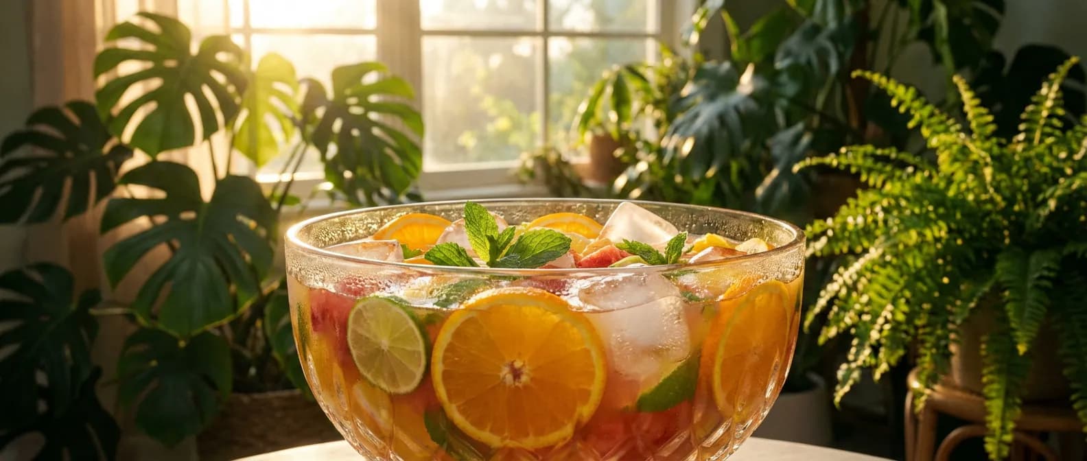 Grand bol de punch maison avec fruits tropicaux et glaçons sous une lumière dorée