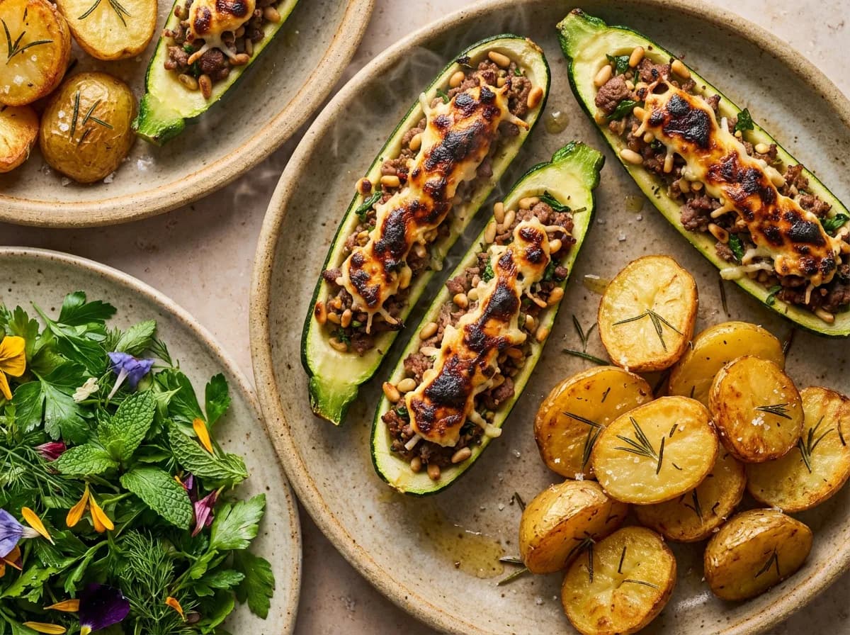 Courgettes farcies accompagnées de pommes de terre croustillantes et salade