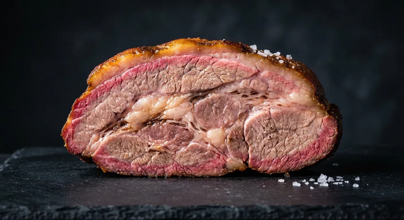 Gros plan iconique d'une tranche de palette fumée sur fond noir.