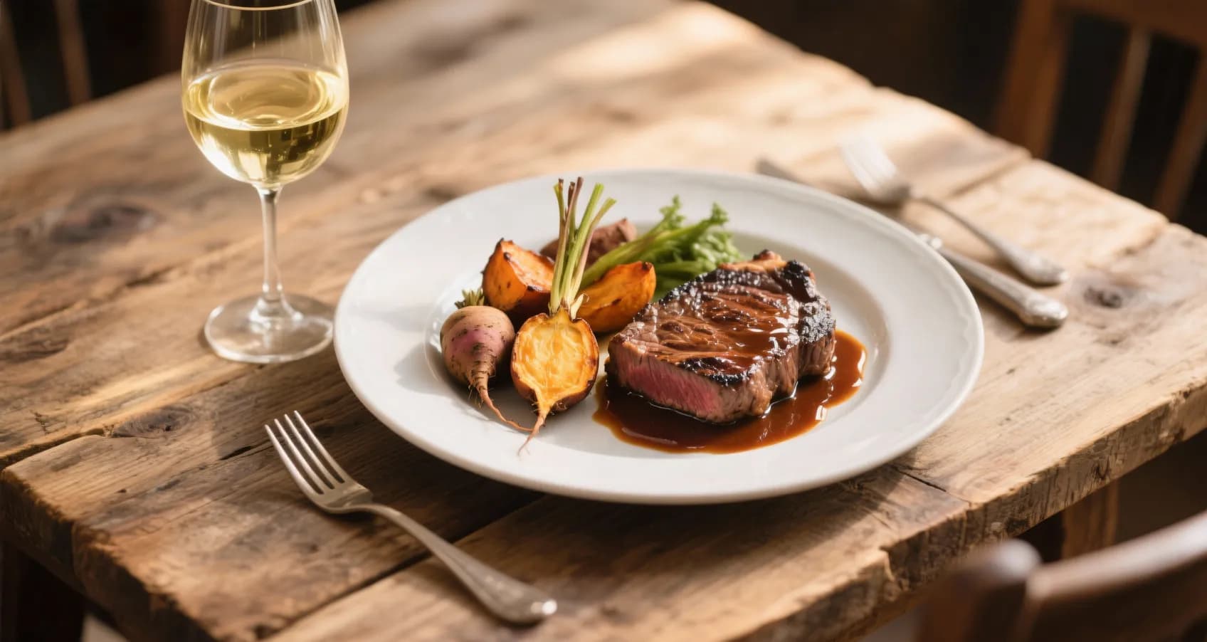 Foie gras poêlé accompagné de légumes rôtis et d’un verre de vin blanc sur une table en bois