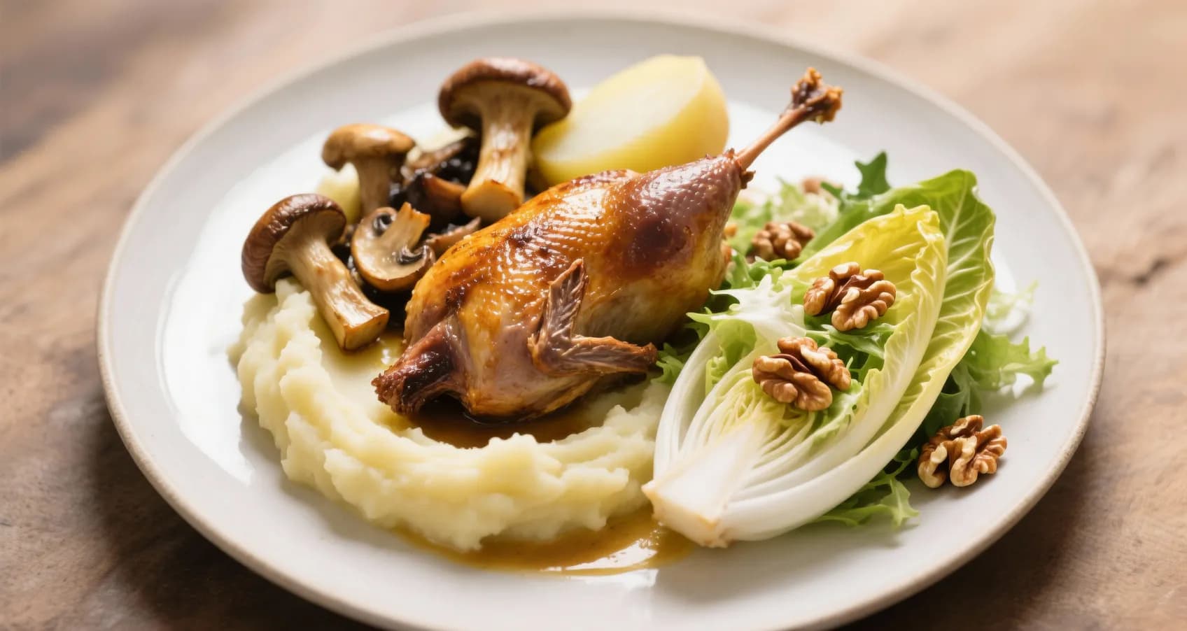 Assiette de caille rôtie avec purée de céleri-rave, champignons et salade d'endives