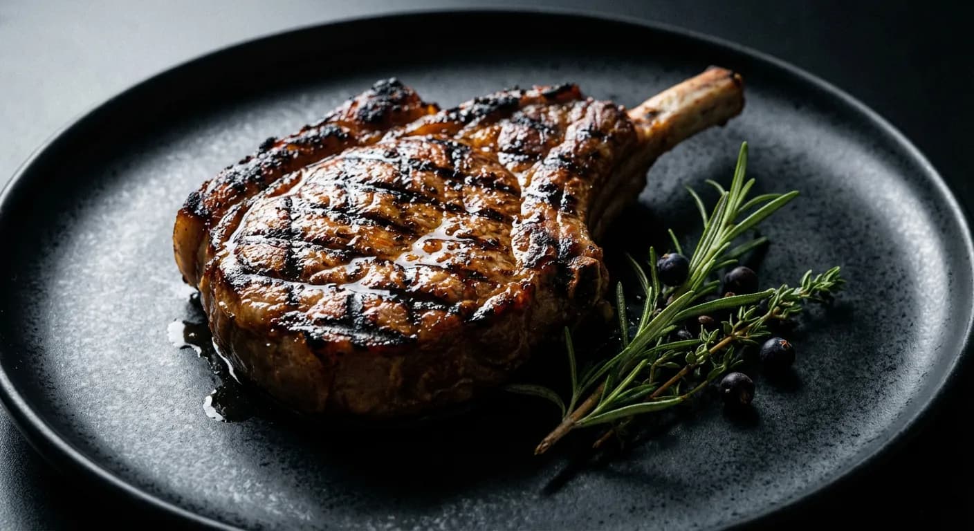 Côtelette de sanglier grillée avec marques de marquage nettes sur fond sombre