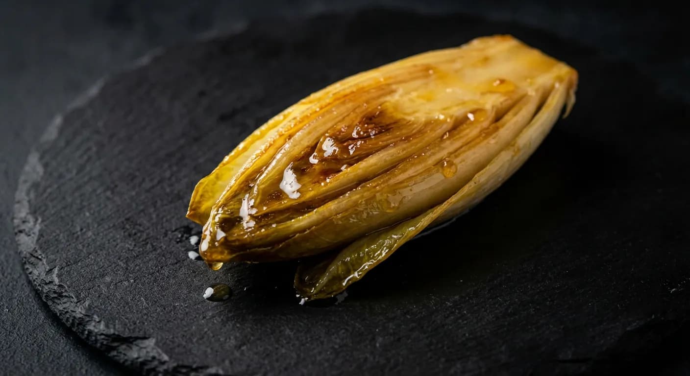Gros plan sur une endive braisée fondante et dorée