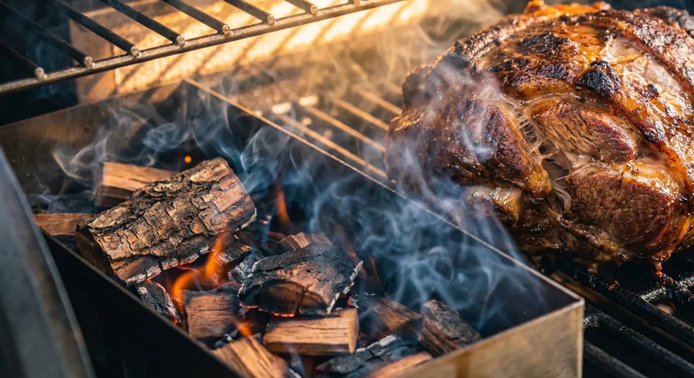 Copeaux de bois fumants à côté d'une épaule de sanglier pour un fumage lent