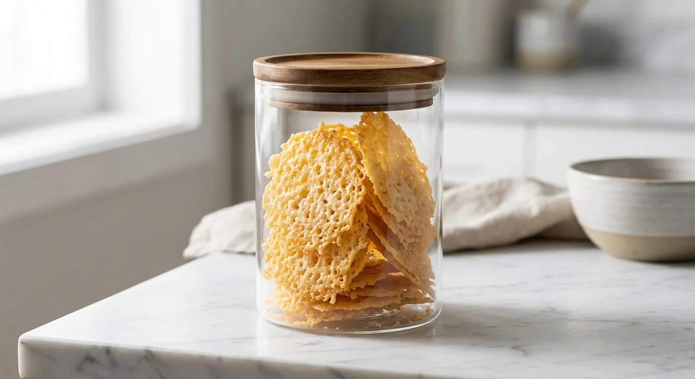 Tuiles au parmesan conservées dans un bocal en verre hermétique sur un plan de travail en marbre