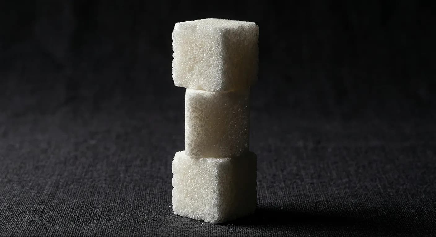 Gros plan minimaliste de morceaux de sucre sur fond noir contrasté.