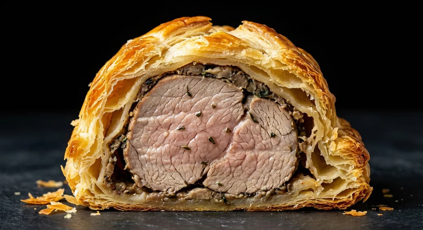 Gros plan sur une tranche de filet mignon en croûte croustillante.