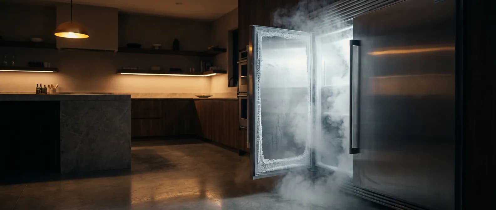 Un congélateur haut de gamme entrouvert laissant échapper de la vapeur froide dans une cuisine sombre