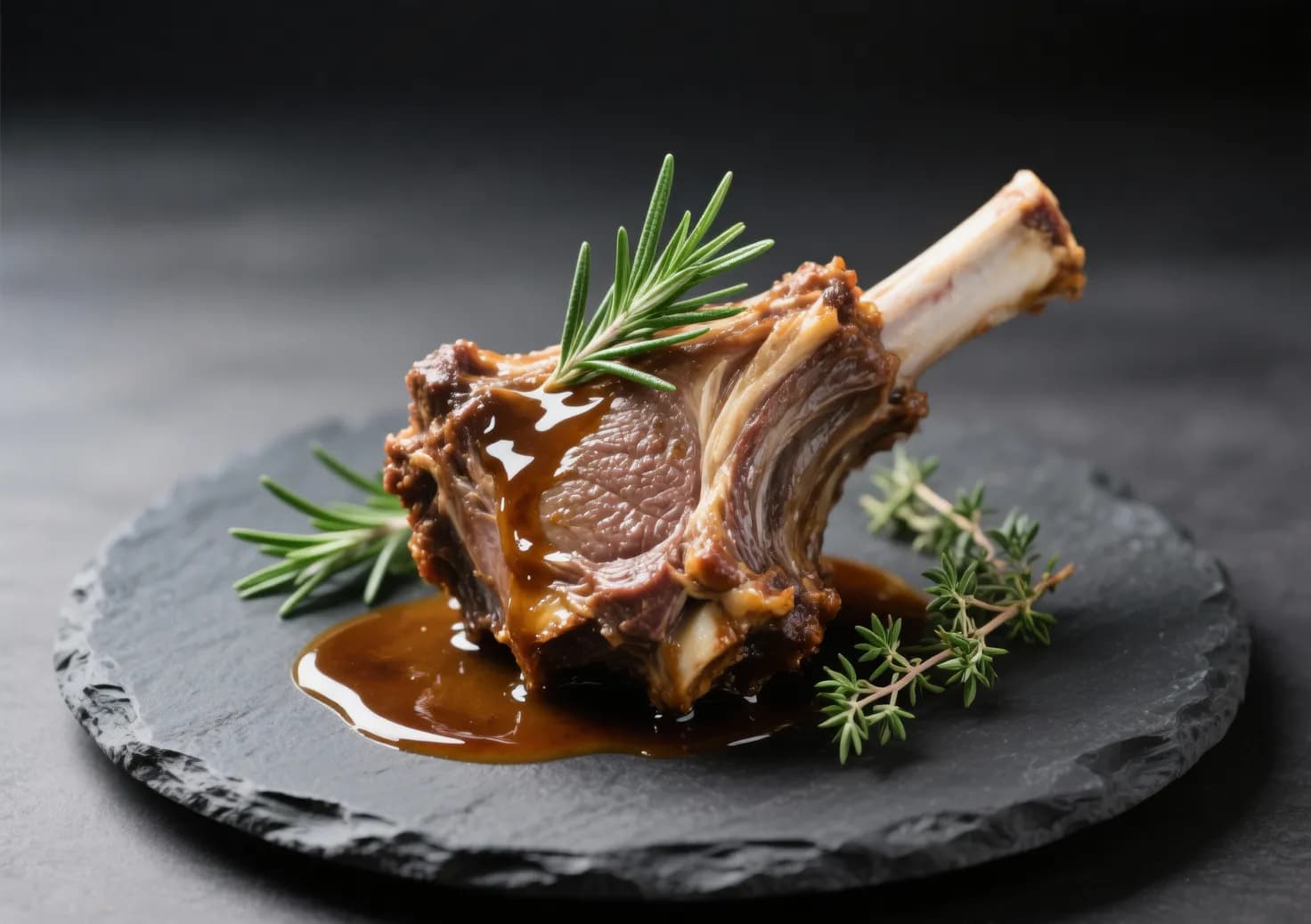 Gros plan sur une souris d'agneau cuite à la perfection avec sauce et herbes aromatiques