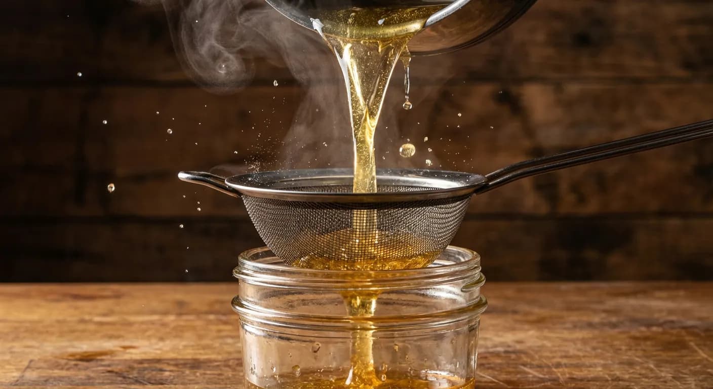 Gros plan sur la filtration de la graisse de canard chaude à travers un tamis