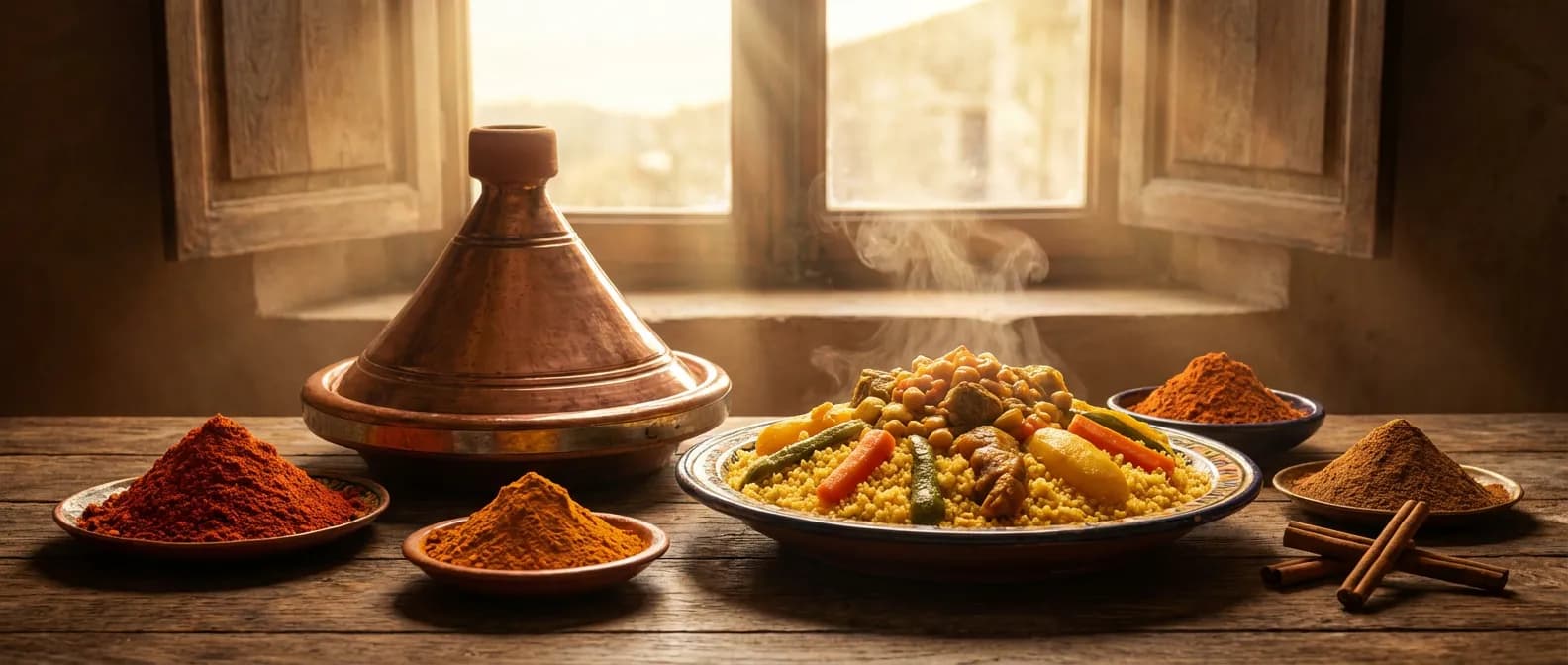 Plat de couscous traditionnel fumant entouré de monticules d'épices colorées sous une lumière dorée cinématographique.