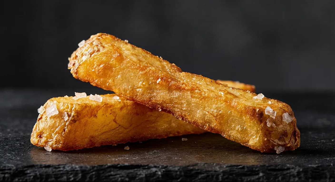 Gros plan macro sur la texture croustillante d'une frite cuite au four.