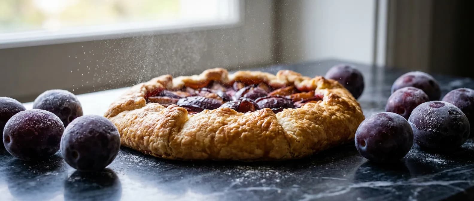 Tarte aux prunes rustique et prunes givrées sur un plan de travail en marbre, style éditorial