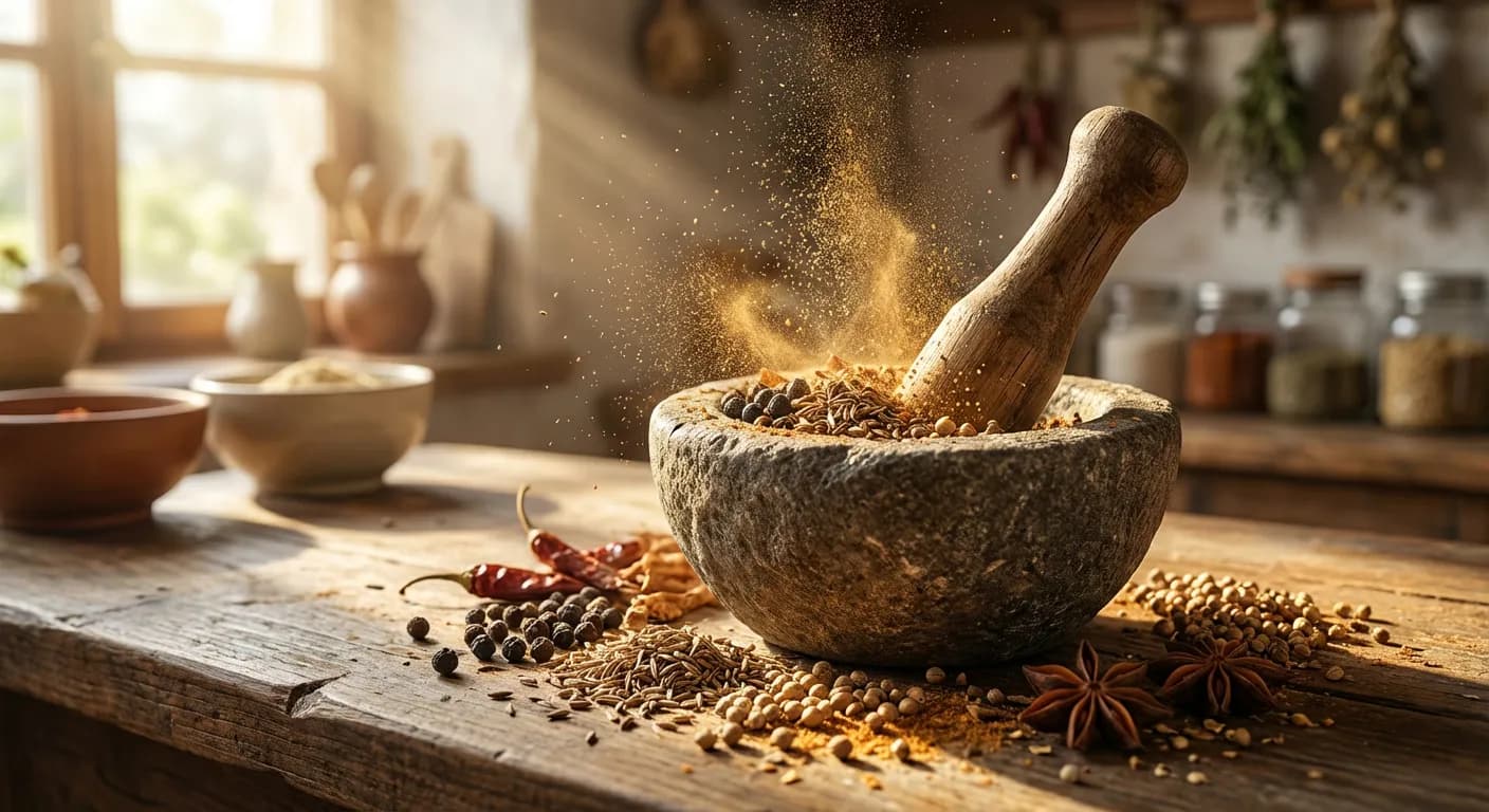 Préparation d'un mélange d'épices maison dans un mortier en pierre