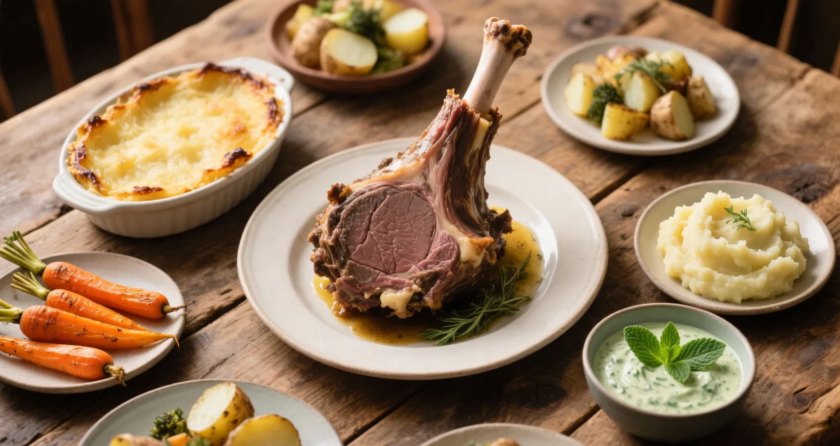 Table rustique avec un gigot d'agneau et ses accompagnements variés : gratin dauphinois, carottes rôties et purée de céleri-rave