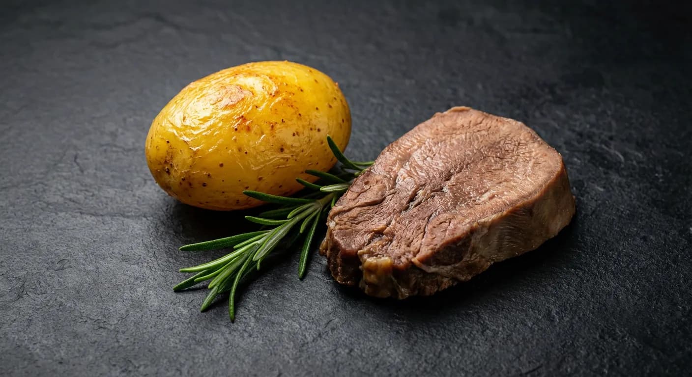 Gros plan sur une pomme de terre rôtie et une tranche de langue de bœuf