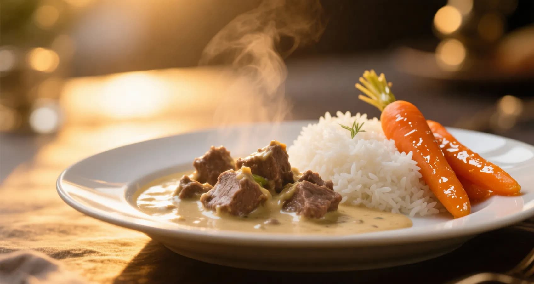 Blanquette de veau accompagnée de riz blanc et carottes glacées, dressée dans une assiette élégante
