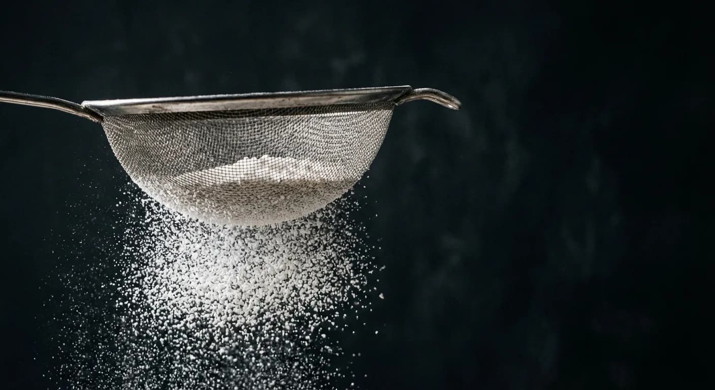 Gros plan contrasté de sucre glace tamisé, rendu iconique