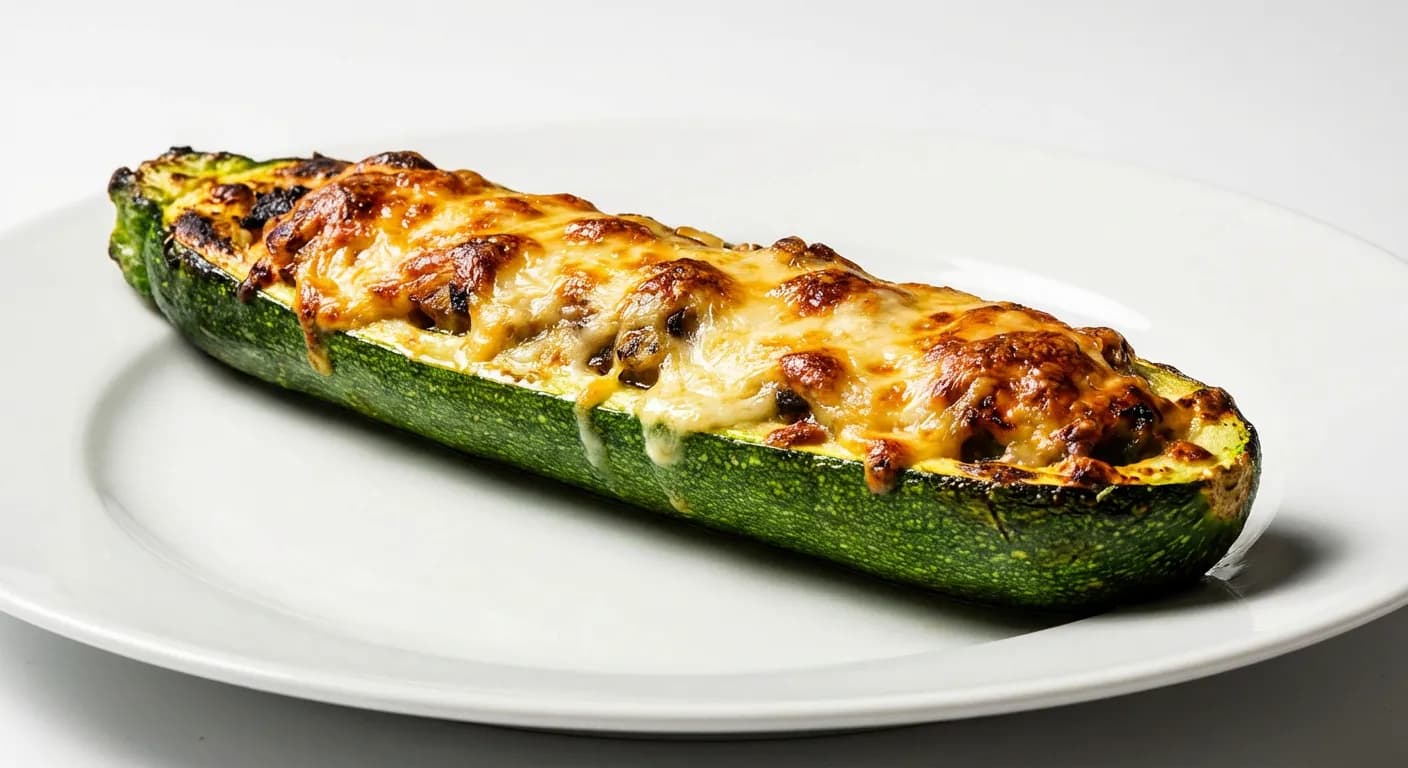 Gros plan sur une courgette farcie parfaitement rôtie et dorée