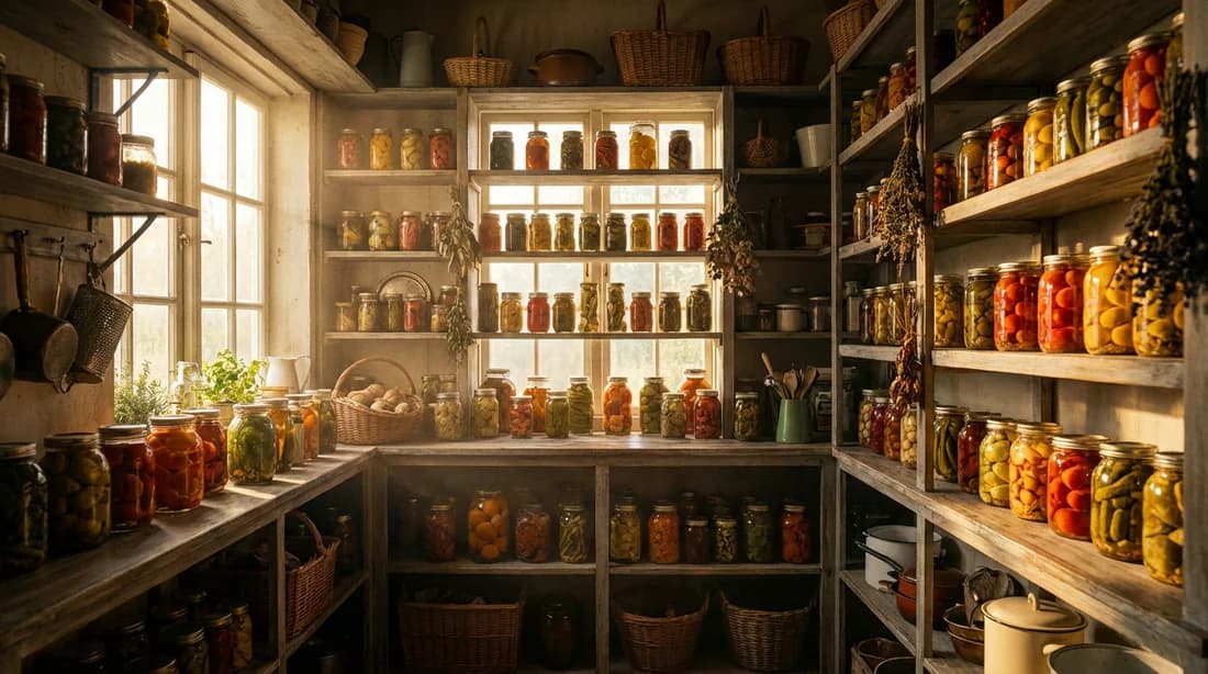 Une réserve rustique élégante avec des bocaux de légumes conservés sous une lumière dorée naturelle.