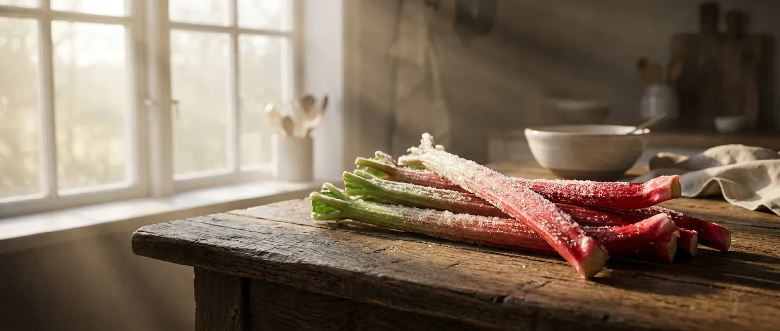 Tiges de rhubarbe fraîches et congelées avec des cristaux de givre sur une table en bois rustique