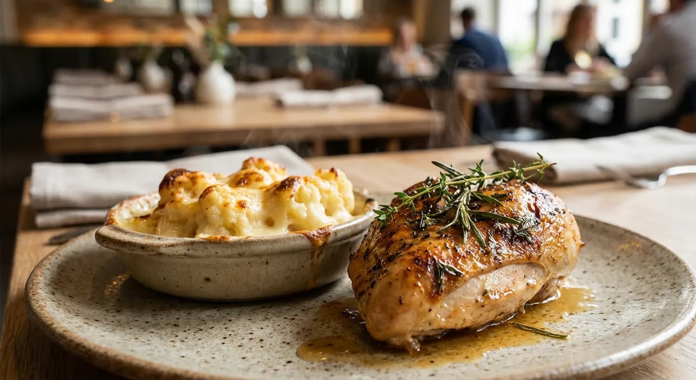 Accompagnement de viande pour gratin de chou-fleur Assiette composée d'un blanc de poulet rôti et d'un gratin de chou-fleur crémeux.