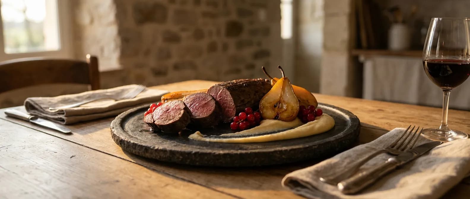 L'art de l'accompagnement pour chevreuil en haute gastronomie Assiette gastronomique de chevreuil avec poires caramélisées et purée de panais