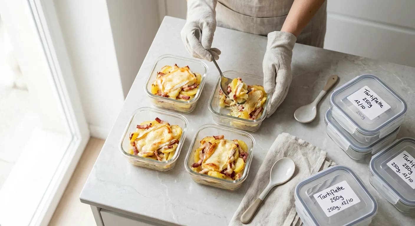 Méthode de conservation de la tartiflette au congélateur Conservation de portions de tartiflette dans des récipients en verre hermétiques