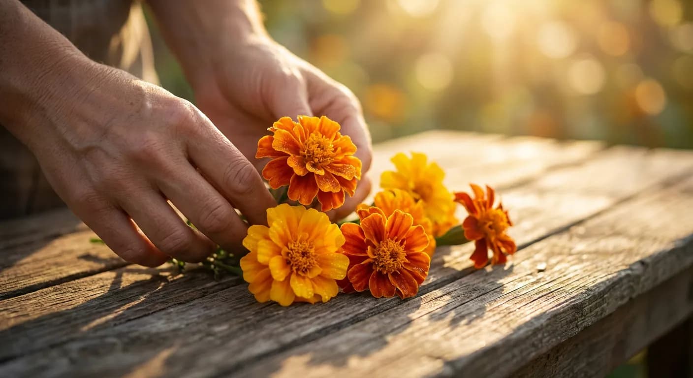 Fleurs de souci : l'astuce de grand-mère pour remplacer le safran Fleurs de souci fraîches utilisées comme alternative naturelle et visuelle au safran.