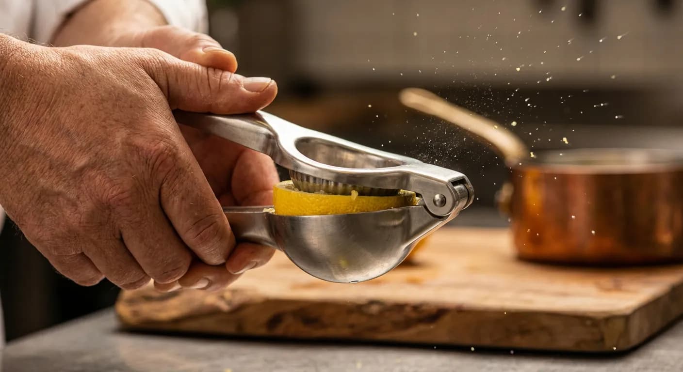 Technique de chef pour extraire le maximum de jus Mains d'un chef utilisant un presse-agrumes en inox pour extraire le jus d'un citron.