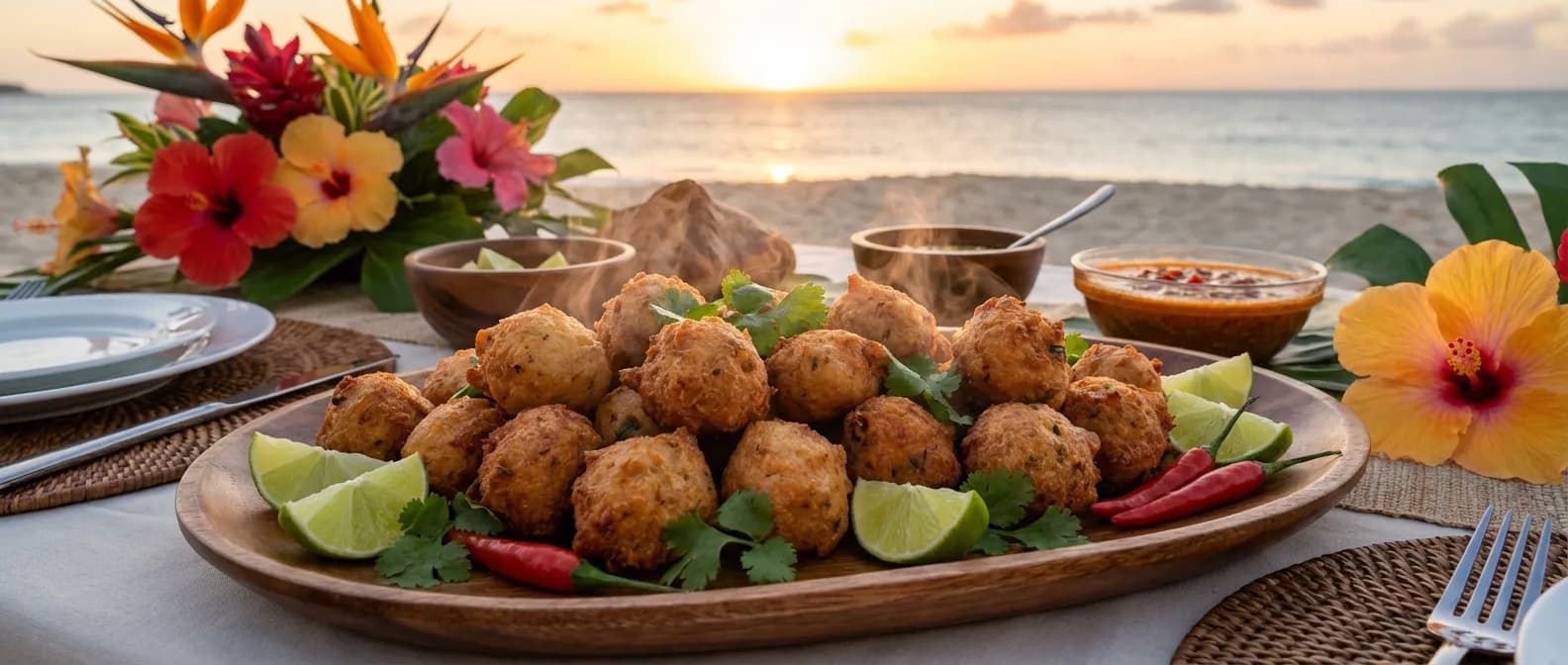 L'art de recevoir avec des accras de morue antillais Un grand plateau d'accras de morue croustillants sur une table antillaise face à la mer au coucher du soleil