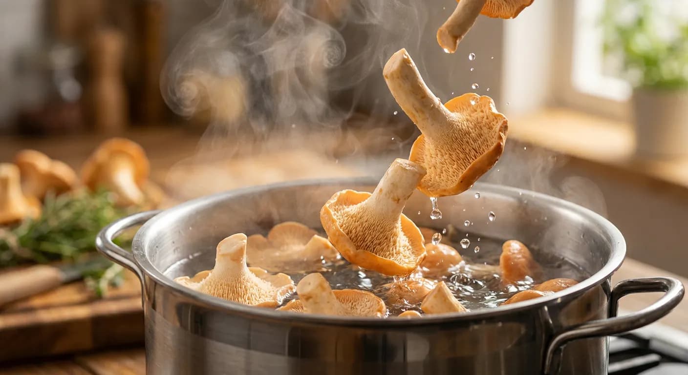 Technique de blanchiment des champignons Pieds de mouton en cours de blanchiment dans une casserole d'eau frémissante avec vapeur