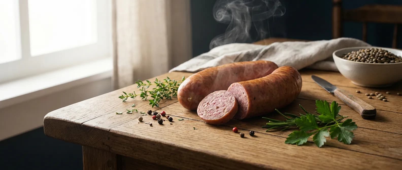 L'art de la cuisson du saucisson à cuire traditionnel Saucisson à cuire fumant sur une table en bois rustique, style photographie culinaire de magazine