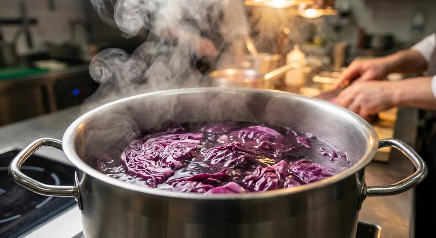 L'étape cruciale du blanchiment Technique de blanchiment du chou rouge dans une cuisine professionnelle.