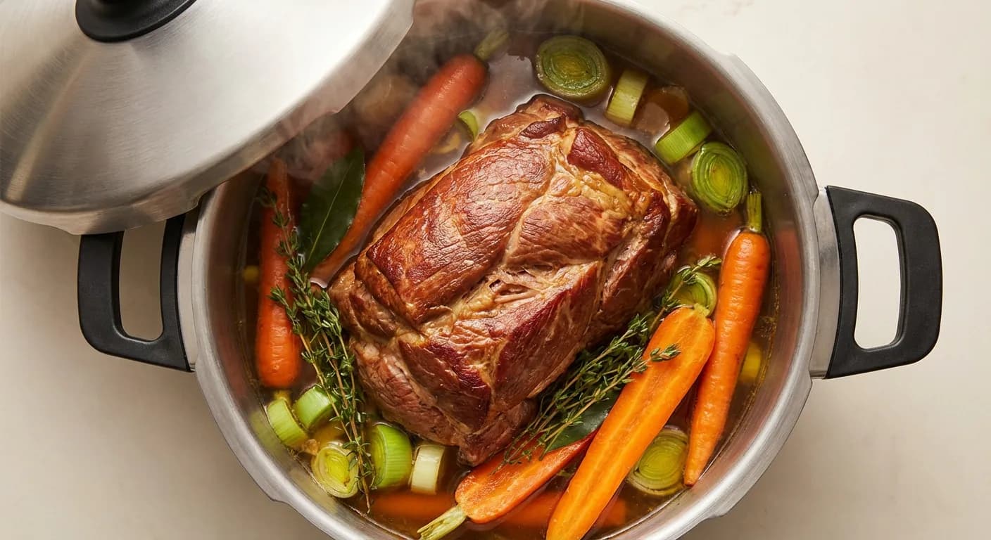 Cuisson de la palette fumée et ses légumes Palette fumée aux légumes cuisinée dans une cocotte minute moderne.