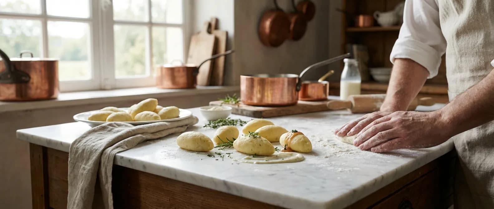 L'art de la préparation et de la conservation des quenelles traditionnelles Assortiment de quenelles fraîches sur un plan de travail en marbre, éclairage cinématographique de style magazine.