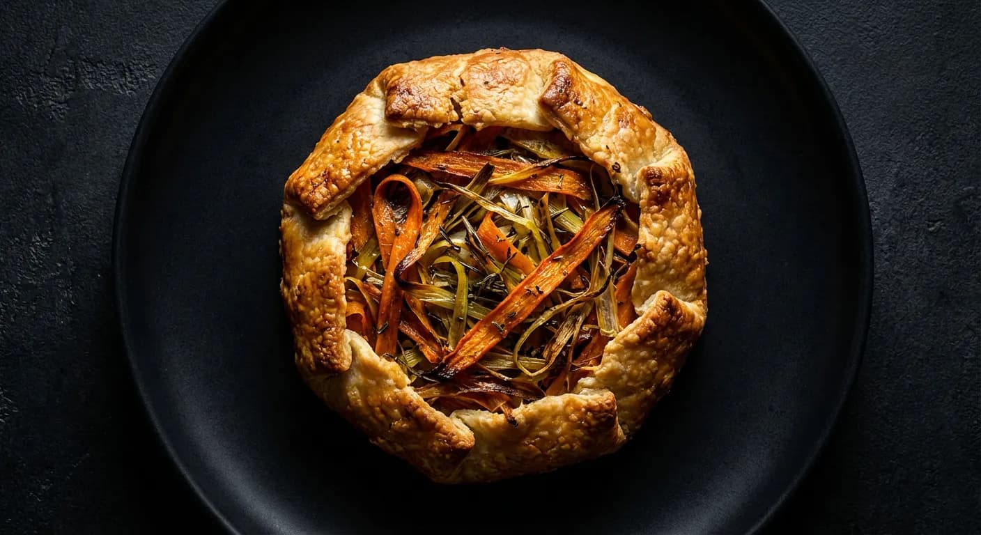 Que faire avec les restes de légumes du bouillon ? Une galette de légumes croustillante sur fond sombre
