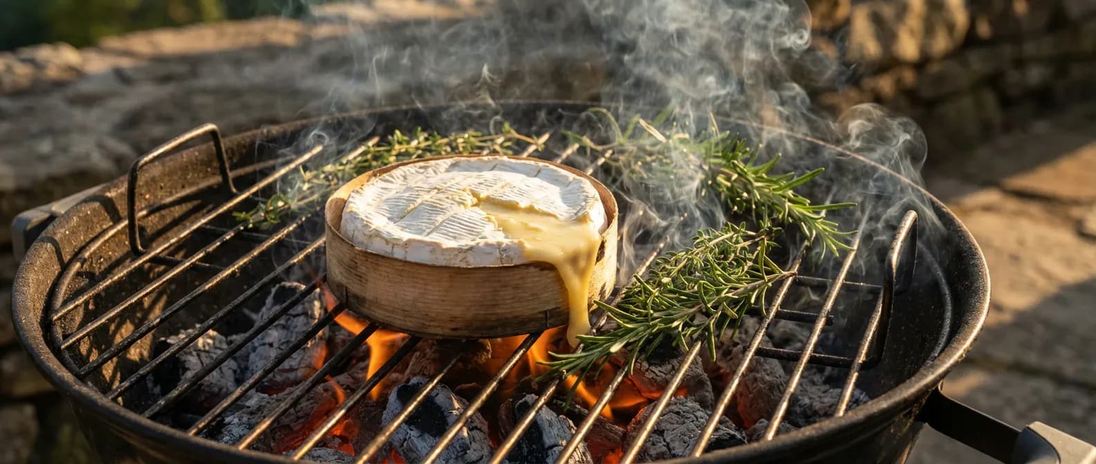 L'art du camembert rôti au barbecue Camembert fondant coulant sur une grille de barbecue avec braises ardentes