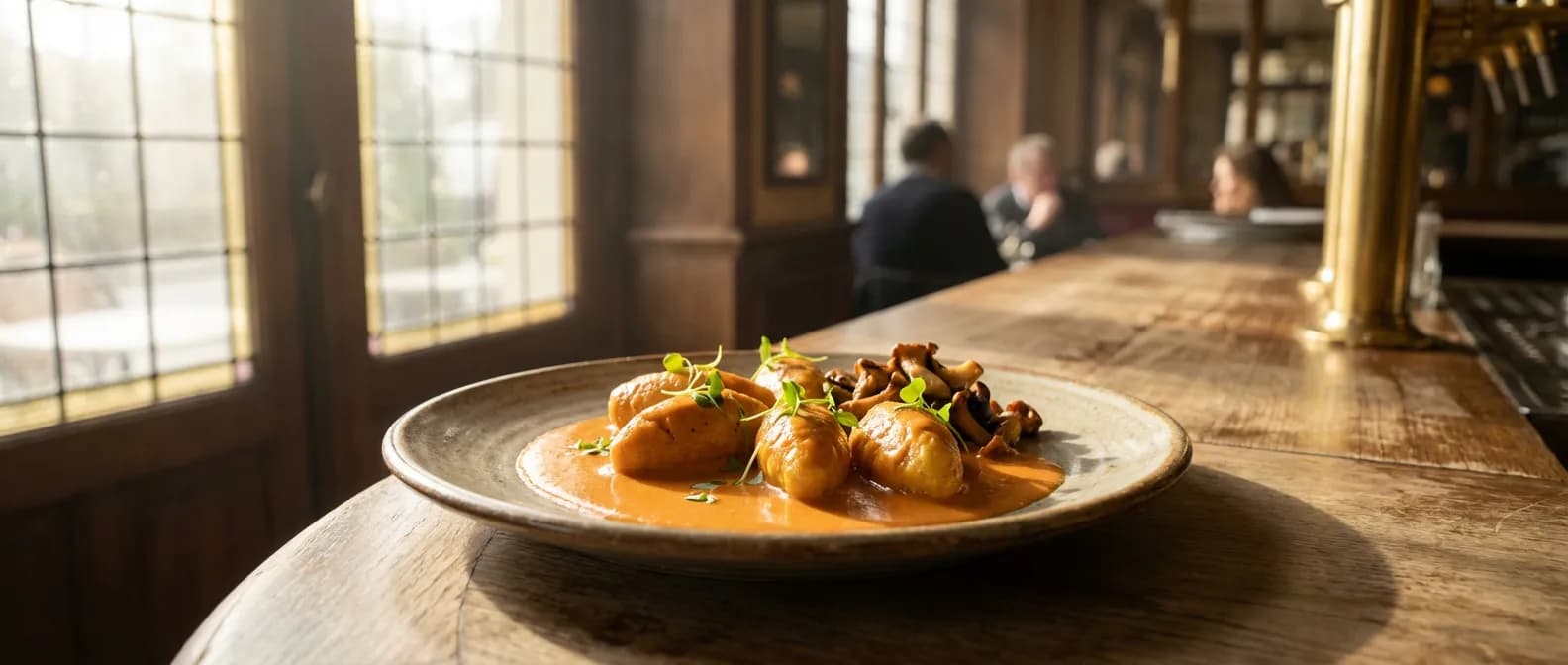 L'art de servir des quenelles traditionnelles Assiette gastronomique de quenelles à la sauce Nantua avec champignons et herbes fraîches.