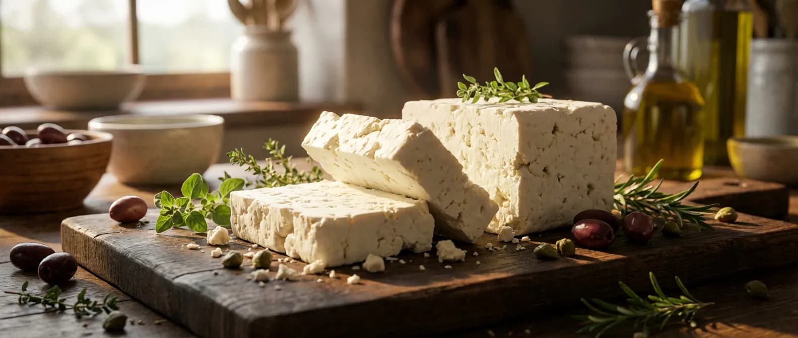 Conservation de la Feta : Guide et Astuces Vue cinématographique de blocs de feta grecque sur une planche en bois sombre avec des herbes