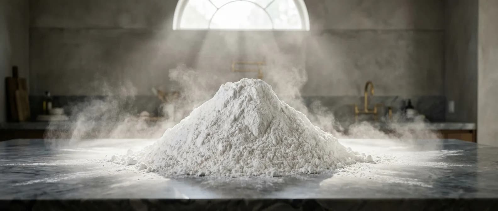 L'élégance du sucre glace et sa conservation Nuage de sucre glace pur tombant sur une surface en marbre sombre, style magazine de luxe