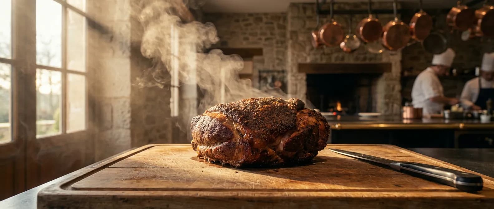 L'excellence de la palette fumée à la cocotte minute Palette de porc fumée fumante et dorée sur une planche en bois dans une cuisine de luxe.