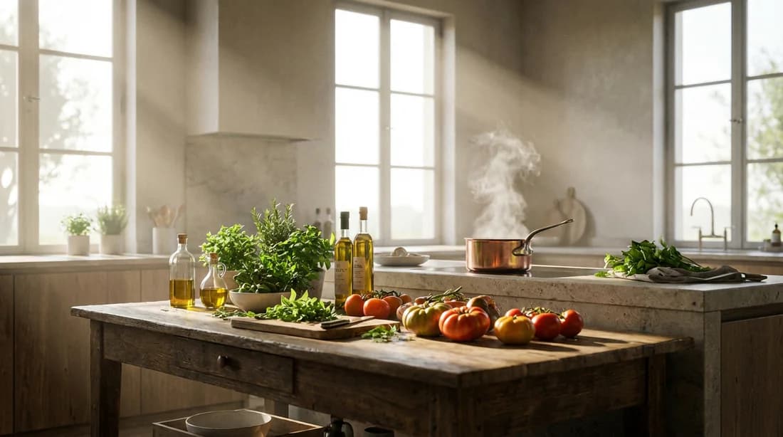 L'art de la cuisine ingénieuse Vue cinématographique d'une cuisine haut de gamme avec des herbes fraîches et de la vapeur s'échappant d'une casserole en cuivre