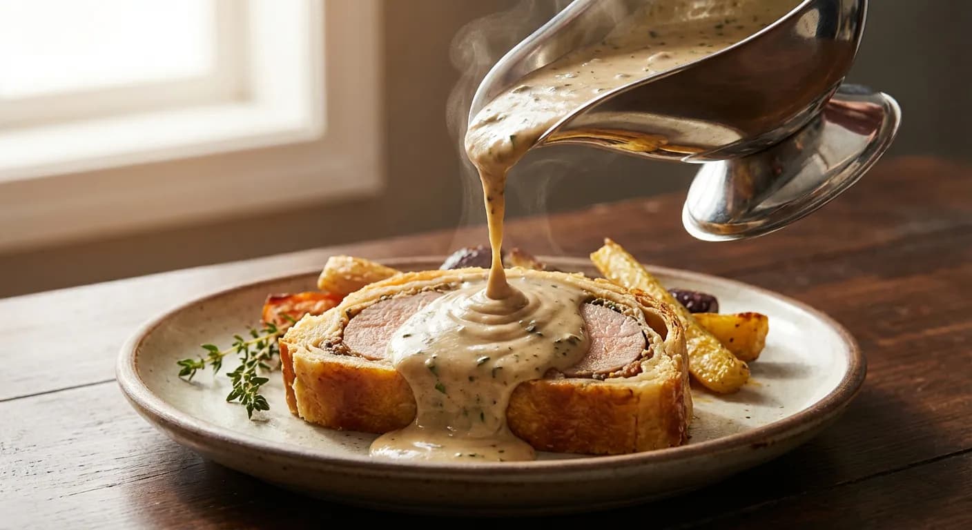 Nappage d'une sauce onctueuse sur la viande Sauce crémeuse aux champignons versée sur une tranche de filet mignon en croûte.